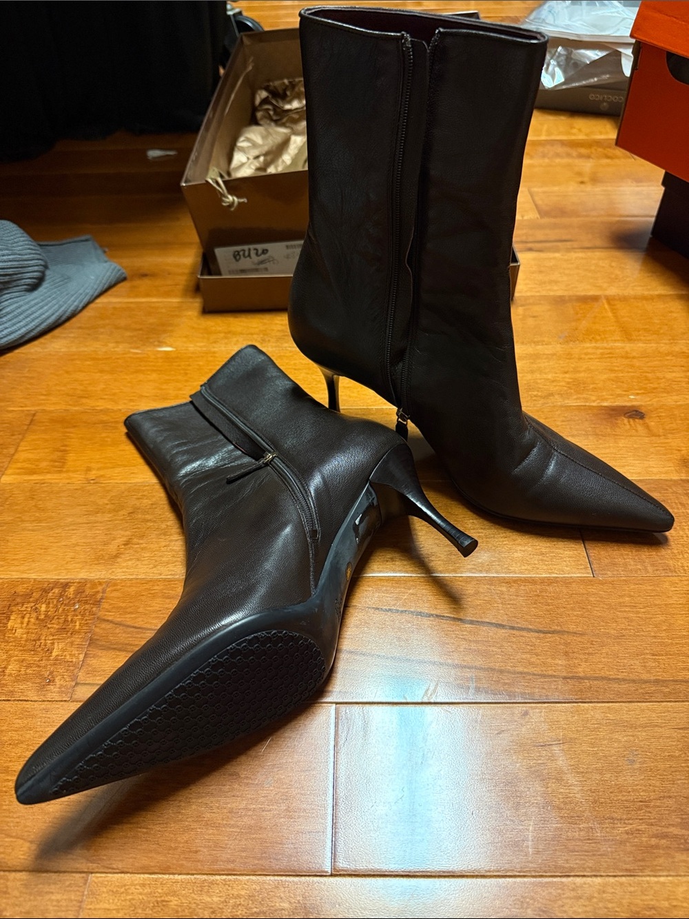 Gucci Dark Brown Pointed-Toe Mid-Calf Heeled Boots